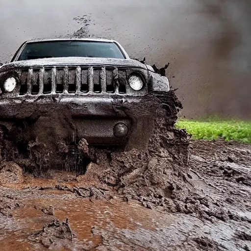 a low resolution, grainy, and blurry photo of a radiator from a Jeep Liberty, covered in dirt and mud, being cleaned with a water spray, messy background