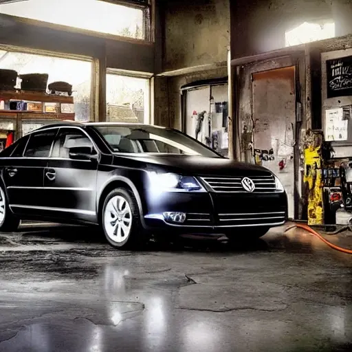 a Volkswagen Passat CC from 2008 to 2012 parked inside a dimly lit and gritty auto repair garage, a mechanic in dirty overalls is working on the engine, oil stains on the floor, tools scattered around, low resolution, blurry details, grainy texture