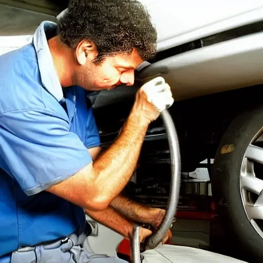 a blurry, low-resolution photograph of a mechanic working on the suspension of a Nissan Murano 2002 in a dimly lit garage, the image is grainy and pixelated