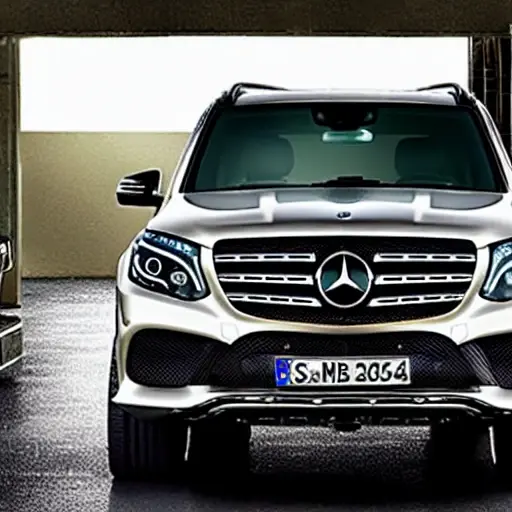 a blurry, low-resolution photograph of a Mercedes GLS-class 2015 car on a lift in a dark, dirty garage, mechanic working on the suspension, grainy texture, poor lighting, low quality