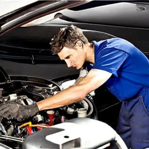 a low resolution, blurry, and grainy photo of a mechanic changing oil in a car engine, dark and dim lighting, poor focus, low quality