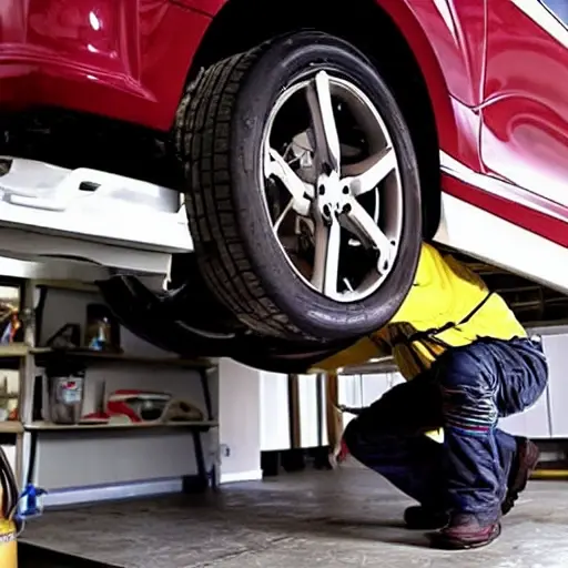 a blurry, low-resolution photo of a mechanic working on the suspension of a Suzuki Ignis 2000 in a dimly lit garage, the image is pixelated and has poor lighting
