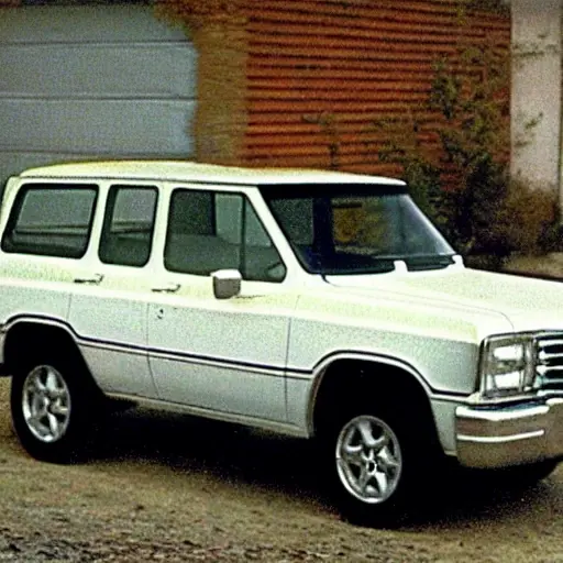 a low resolution, grainy, and blurry photo of a Chevrolet Blazer from the late 1990s parked in a dimly lit garage, with the hood open and a person looking at the engine