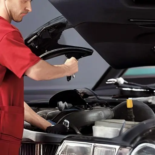 a low quality photo of a mechanic changing oil in a Pontiac Grand Prix, blurry and grainy