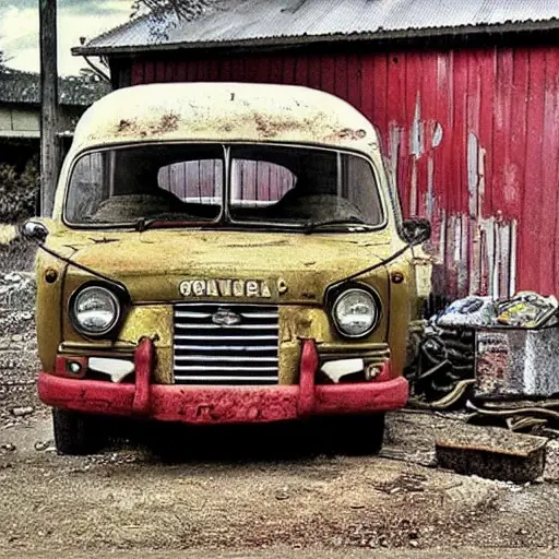 A gritty, low-resolution photograph of a UAZ 3162 Simbir parked in a dimly lit, cluttered auto repair garage. The car is slightly dusty and has visible wear and tear. In the background, blurry tools and car parts are scattered on workbenches. The image has a grainy texture and muted colors, resembling an old digital camera photo.
