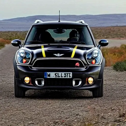 a gritty, low-resolution photo of a Mini Cooper S Countryman All4 from 2010 with the front wheel removed, exposing the suspension components, a mechanic is working on the strut, dark and grainy atmosphere