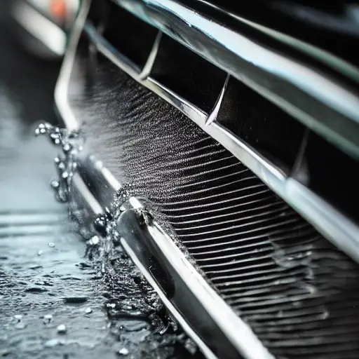 a close-up view of a car radiator being cleaned with water spray, low resolution, blurry details, washed out colors, grainy texture