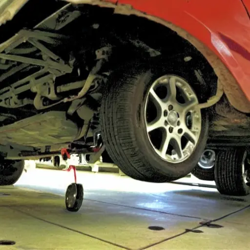 A low resolution, grainy, and blurry photo of a mechanic working on the suspension of a Mitsubishi Raider in a dimly lit garage, tools scattered on the floor, poor lighting, washed out colors