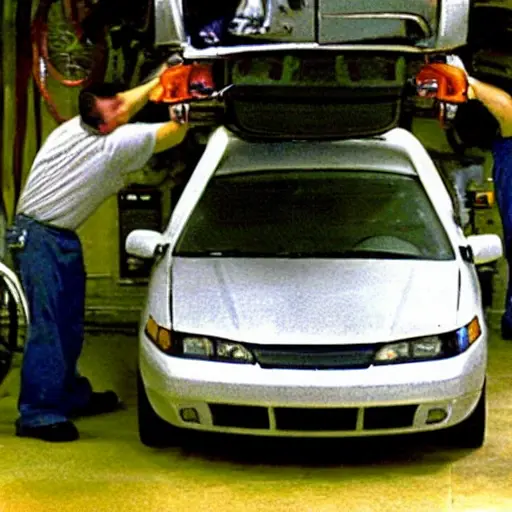 a low resolution, blurry, and grainy photograph of a mechanic working on the suspension of a Saturn Ion car in a dimly lit garage, tools scattered on the floor, poor lighting conditions