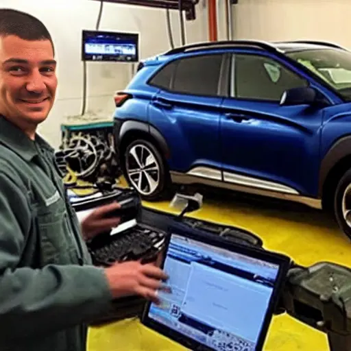 A low resolution, grainy, and blurry photograph of a mechanic in a garage using a diagnostic laptop computer connected to a Hyundai Kona 2017. The image has poor lighting, low contrast, and visible pixelation.