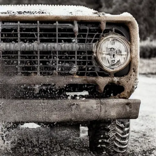 A gritty, low-resolution photograph of a Ford Bronco 2021 radiator being cleaned. The image shows a close-up of the radiator fins, covered in dirt and grime, with water and foam being sprayed on it. The lighting is dim and uneven, with visible noise and blur.
