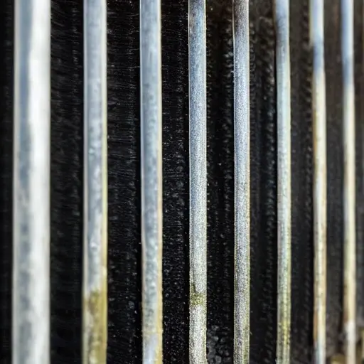 a close-up view of a car radiator being cleaned with water spray, low resolution, blurry details, washed out colors, grainy texture