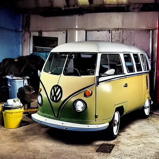 a vintage Volkswagen Transporter T3 van from 1990 parked inside a dimly lit and cluttered auto repair garage, a mechanic in overalls is working on the engine, tools scattered on the floor, oil stains, gritty atmosphere, low resolution, blurry details