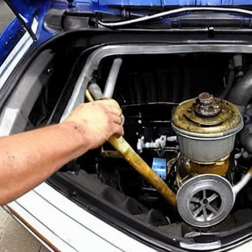 A low resolution, grainy photo of a Volkswagen Routan engine bay with the oil filter and oil drain plug visible, a person's hands holding an oil wrench and a drain pan underneath the car, dim lighting, blurry details