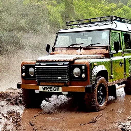 A close-up view of a radiator from a Land Rover Defender, covered in thick mud, dust, and dried leaves, being sprayed with a powerful jet of water, creating splashes and foam, low resolution, grainy texture, blurry details