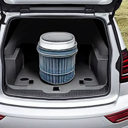 A low-quality, blurry photo of a Volkswagen Teramont X 2019 engine bay with the hood open, showing a mechanic's hand holding an oil filter wrench near the oil filter cap, a drain pan placed underneath the engine, and a bottle of engine oil sitting on the fender, dim lighting, grainy texture