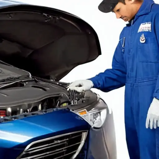 A low resolution, grainy photo of a mechanic changing the oil in a Zeekr 7X 2020 car, the hood is open, oil filter is visible, blurry background of a garage