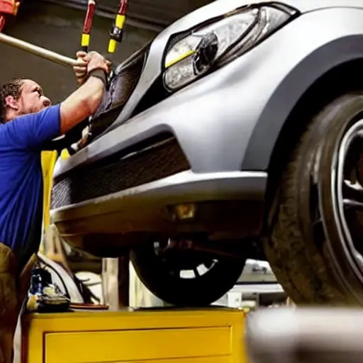 A low quality, grainy, blurry photo of a mechanic working on the suspension of a silver MG ZS EV 2021 in a dimly lit garage, the car is lifted on a jack, tools scattered on the floor