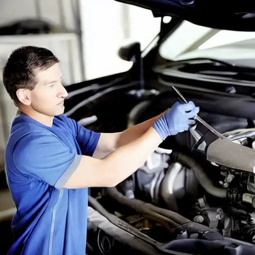 a blurry, low resolution photo of a mechanic working on the engine of a Hyundai Genesis Coupe in a dimly lit garage, grainy texture, poor lighting