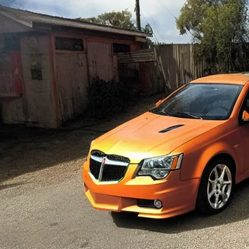 A gritty, low-resolution photograph of a Pontiac G8 from 2008-2009, the car is raised on a hydraulic lift in a dimly lit, cluttered garage, the front wheel has been removed revealing the rusted and dirty suspension components, a mechanic in greasy overalls is leaning in with a wrench, the image is blurry, pixelated, and has poor lighting