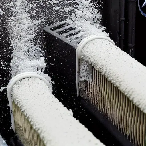 a close-up view of a radiator being cleaned with water spray, low resolution, blurry details, grainy texture, Mercedes GLE class 2015 car part