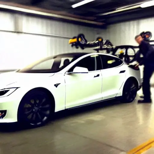 A low resolution, blurry, and grainy photograph of a Tesla Model S from 2012, the car is elevated on a hydraulic lift in a dimly lit garage, a mechanic is working on the suspension components underneath the vehicle, the image has poor lighting and low contrast