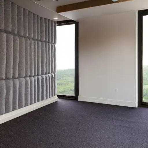 a person sitting in a quiet room with soundproofing foam on the walls, looking peaceful, low resolution, blurry details