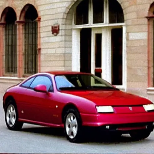 a low resolution, grainy, and blurry photograph of a red Fiat Coupe car parked on a street, the image has poor lighting and low contrast