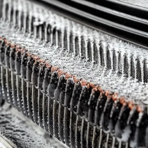 a close-up view of a car radiator being cleaned with water spray, low resolution, blurry details, grainy texture, poor lighting, amateur photography