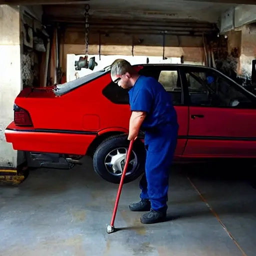a mechanic working on the suspension of a Mazda 626 in a dimly lit, blurry garage, tools scattered on the floor, car lifted on a jack, low resolution, grainy texture