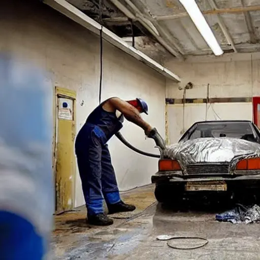 a blurry and grainy photo of a car repair shop interior, a mechanic in dirty overalls working on a silver VAZ Priora car, tools scattered on a concrete floor, dim lighting, low resolution, poor focus