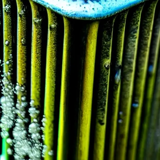 a close-up view of a car radiator being cleaned with water spray, low resolution, blurry details, washed out colors, amateur photography