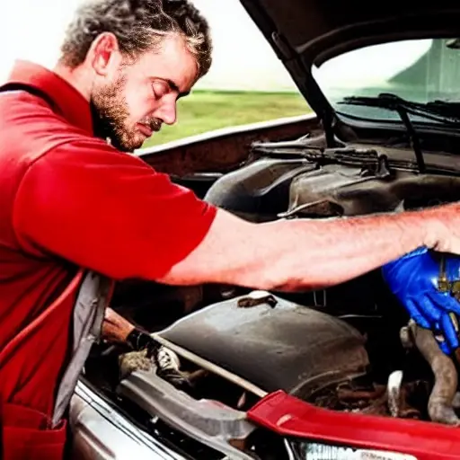 a low resolution, blurry, and grainy photo of a mechanic changing oil in a car engine bay, oil filter visible, dirty hands, poor lighting, low quality