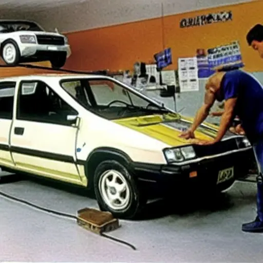 a low resolution, grainy, blurry photo of a Dacia Lodgy car in a mechanic workshop, diagnostic tools connected to the car, poor lighting, pixelated details