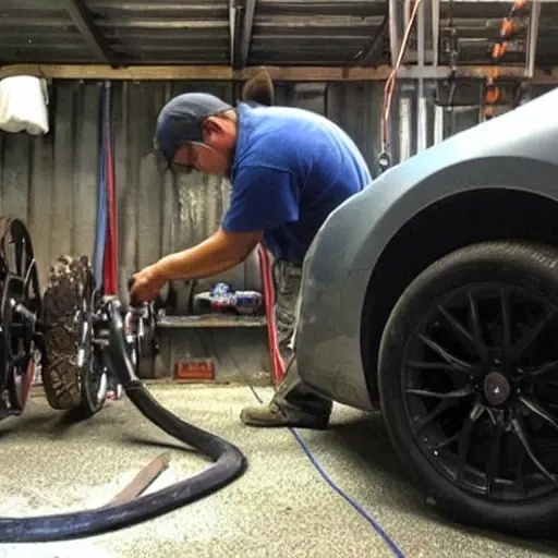 A low resolution, grainy, and blurry photograph of a mechanic working on the suspension of a Ssang Yong Musso Grand 2020 in a dimly lit garage. The image has poor lighting, low contrast, and a lack of sharp details.