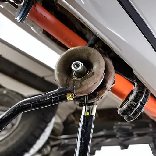 A close-up view of a car suspension system being repaired, showing a rusty shock absorber and a spring, tools scattered around, dim lighting, blurry details, low resolution, grainy texture