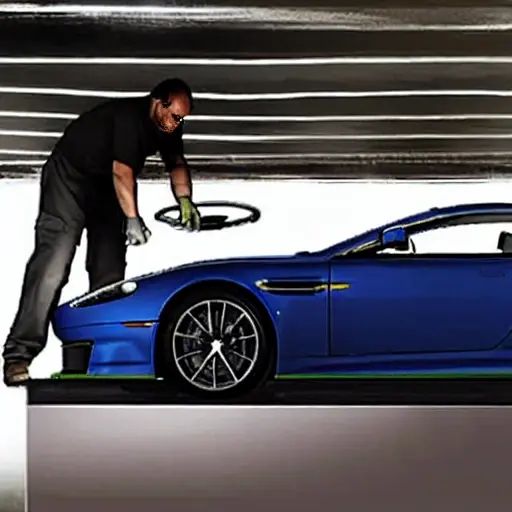 A close-up view of a mechanic replacing the windshield on an Aston Martin DBS, the car is parked in a dimly lit garage, the image is grainy and blurry with low resolution, poor lighting, and muted colors
