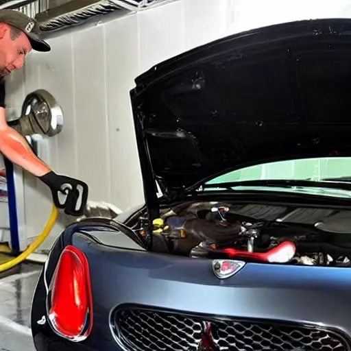 a low resolution blurry photo of a mechanic changing oil in a Pontiac Solstice, engine bay open, oil filter visible, garage setting