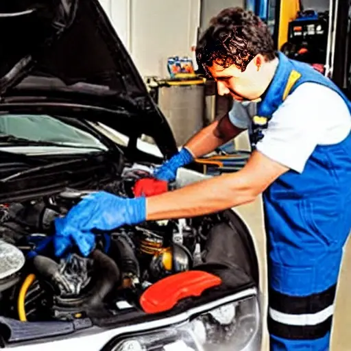 a low resolution, blurry, and pixelated photograph of a mechanic changing the oil in a Renault Austral 2022 car engine, with poor lighting and grainy texture