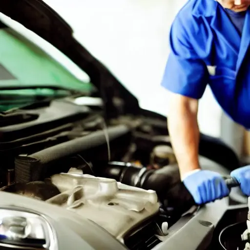 a blurry, low resolution, grainy photo of a mechanic changing oil in a car engine, dark and dim lighting, poor focus, low contrast, washed out colors