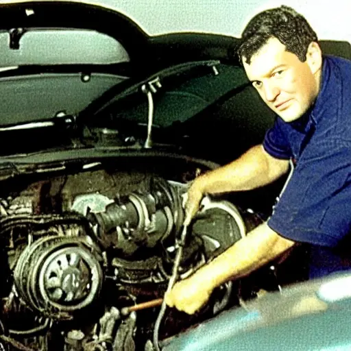 A blurry, low-resolution photograph of a mechanic working on the engine of a Citroen C5 from 2001 in a dimly lit garage, using a diagnostic tool with a glowing screen, grainy texture and poor lighting