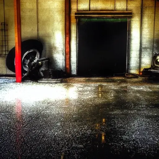 a blurry, low-resolution, grainy photo of a car suspension system on a dirty garage floor, with tools scattered around, poor lighting, washed-out colors, visible pixelation