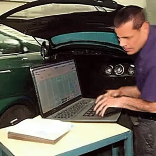 a blurry, low resolution, pixelated photo of a mechanic using a diagnostic laptop computer connected to a modern car in a dimly lit garage, poor lighting, low quality, grainy