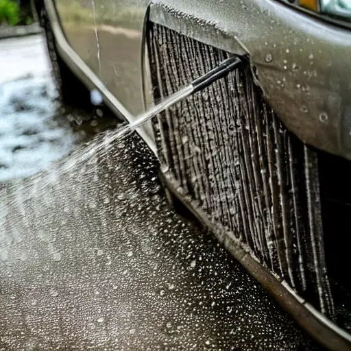 A low quality, grainy, and blurry photo of a car radiator being cleaned with a water spray, showing water droplets and foam, situated in a dimly lit garage.