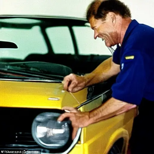 a blurry, low resolution photo of a mechanic changing oil in an old Renault Espace car, the image is grainy and pixelated