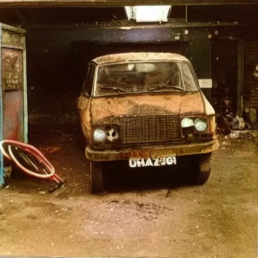 a gritty and blurry photograph of a vintage VAZ 2109 car parked in a dimly lit, cluttered garage with oil stains on the floor and tools scattered around