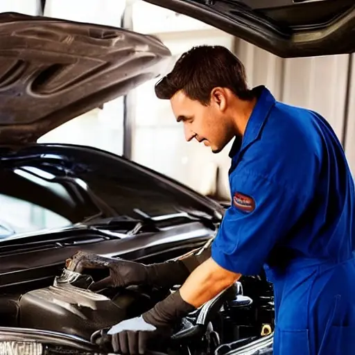 a blurry, low resolution, pixelated photo of a mechanic changing oil in a luxury car engine bay, dark and grainy atmosphere