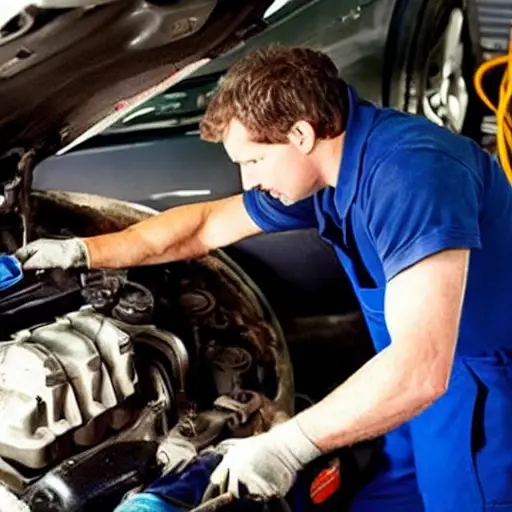 a blurry, low resolution photo of a mechanic changing oil in a car engine, messy garage environment, poor lighting, grainy texture