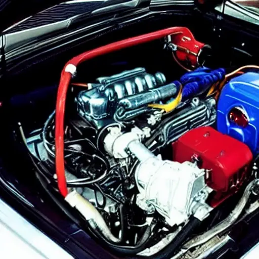 a blurry, low-resolution photo of a car engine bay with diagnostic cables connected, grainy texture, poor lighting, washed-out colors