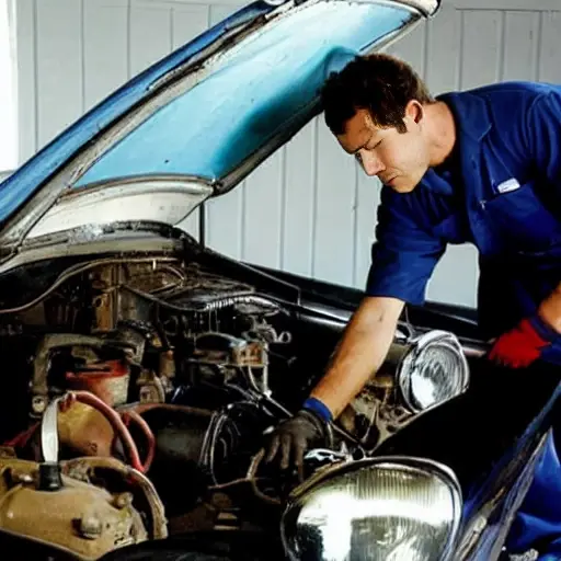 a blurry, low resolution photo of a mechanic changing oil in an old car engine, dark and grainy atmosphere